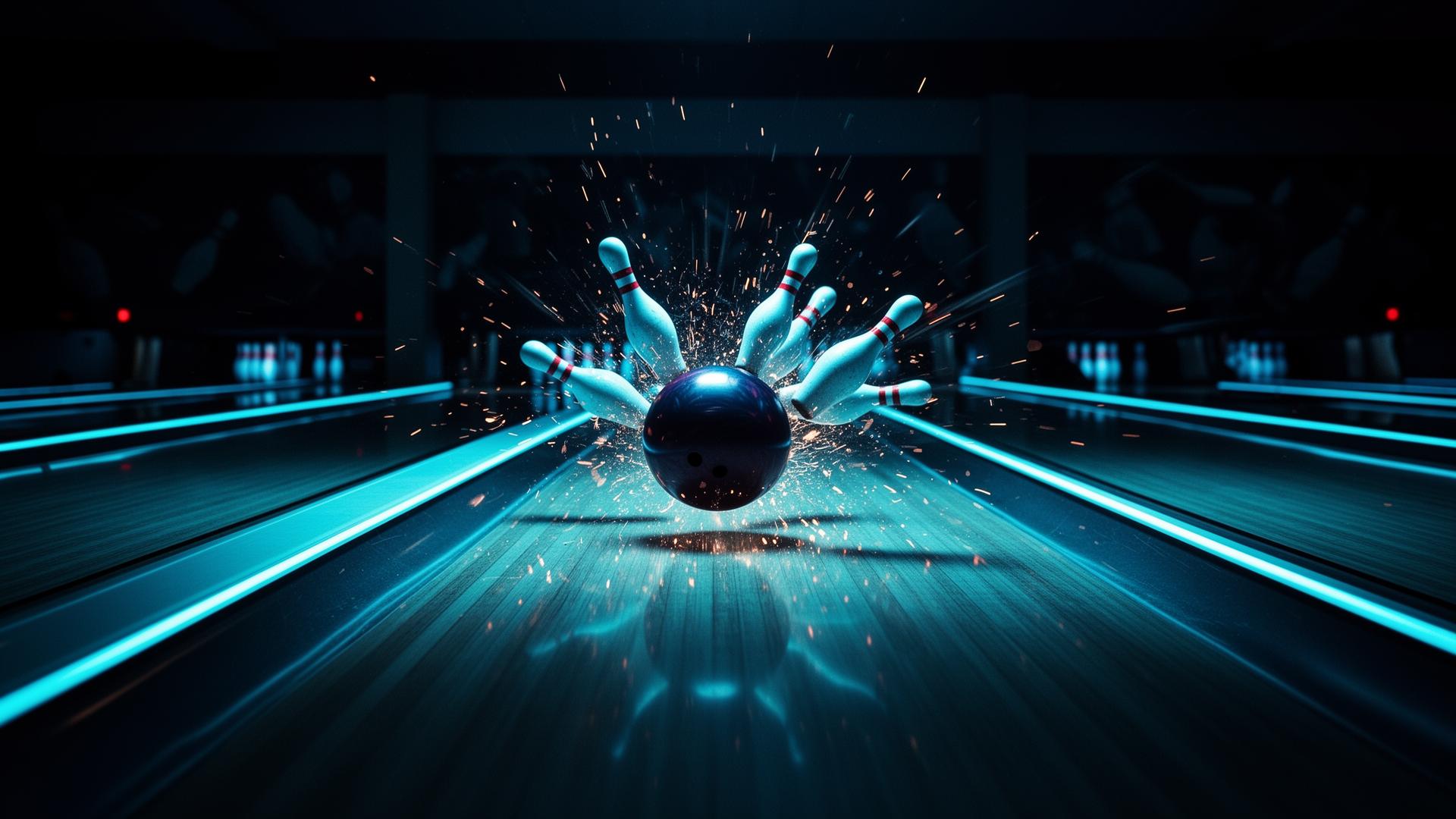 Bowling ball striking pins with explosive force